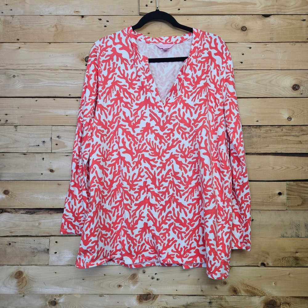 Lilly Pulitzer Womens Odette Top Orange Coral Print Split V-Neck Tunic L